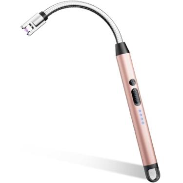 Imagem de AJIJING Isqueiro Elétrico, Acendedor De Velas Com Trava Segurança, Porta Usb Tipo C, Arco Sem Chamas À Prova Vento, Bateria Recarregável Led, Display (Ouro Rosa)