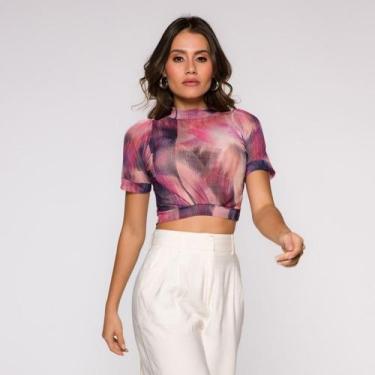 Imagem de Blusa Cropped Manga Curta em Tule Estampado - Croppeds Store, P, Rxrs