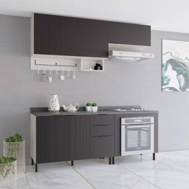 Imagem de Cozinha Compacta Bartira Rubi com 5 Portas, 2 Gavetas, 1 Gavetão, 3 Prateleiras e 200cm de Largura - Freixo/Preto Poah