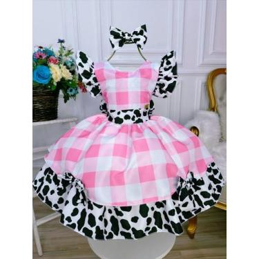 Imagem de Vestido Infantil Xadrez Branco Rosa Fazendinha Vaquinha Laço - banana 
