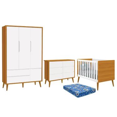 Imagem de Dormitório Theo 3 Portas, Cômoda 6 Gavetas, Berço com Pés Amadeirado e Colchão - Reller Móveis Branco/Savana