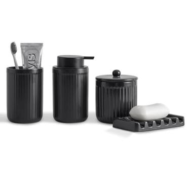 Imagem de Agyiuns Conjunto De Acessórios Cerâmica Para Banheiro, Dispensador Sabonete Líquido E Porta-Escovas Dentes, Prato, Potes Boticário, Decoração Rústica Fazenda, Casa (Líquido Preto)