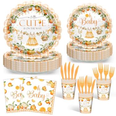 Imagem de Avezano 144 peças Little Cutie Pratos e Guardanapos de Festa de Chá de Bebê A Little Cutie está a Caminho Suprimentos de Festa Descartáveis Meninas Oh Baby Citrus Kit de Louça Descartável, Serve 24