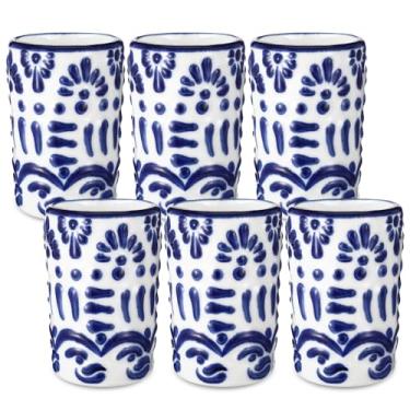 Imagem de Roshtia Conjunto de 6 peças de copos de dose de tequila mexicana de 59 ml, copos de shot Talavera, feitos à mão, com decoração branca, canecas de presente de cerâmica mexicana para amantes de tequila