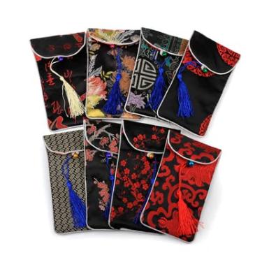 Imagem de Only My Live Home Bolsas femininas para celular com alça de tecido para óculos bolsa de joias atacado brocado de seda chinesa sacos de embalagem 10 peças (17 x 8 cm, padrão aleatório preto (10 peças))
