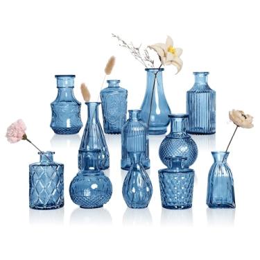 Imagem de GarDream Conjunto de 12 vasos de vidro azul, vasos de flores transparentes a granel, pequenos vasos de flores para centros de mesa, mini vasos para flores, vaso decorativo vintage em relevo para