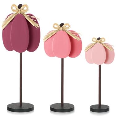 Imagem de Thyle 3 peças de centro de mesa de abóbora de outono decorações de mesa de madeira para casa Ação de Graças bloco alto de pé placa de colheita de outono com laço para decoração de casa (rosa)