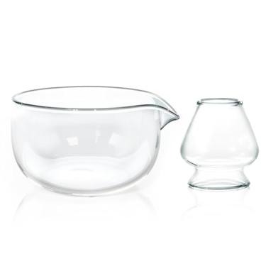 Imagem de CAMATET Conjunto de tigela Matcha e suporte de batedor, tigela matcha de vidro com bico, chawan de mistura cerimonial, kit matcha japonês tradicional transparente para chá/matcha em pó/sopa - padrão