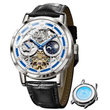 Imagem de OLEVS Relógios de pulso masculinos esqueleto mecânicos automáticos com corda automática, pulseira de couro turbilhão, vestido luxuoso, fase da lua, à prova d'água, luminoso, Mostrador azul com