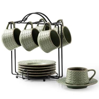 Imagem de KOKUNKA Conjunto de 6 xícaras de café expresso de 118 ml com pires e suporte de metal, xícaras de café pequenas, xícaras de cappuccino de porcelana para latte, café mocha e chá, verde