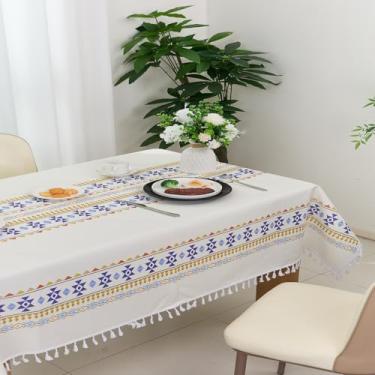 Imagem de Toalha de mesa retangular boêmia, de linho, impermeável, para jantar, fazenda, com borlas, rústico, oblongo/retangular, sem amassos, para cozinha, jantar, festa, piquenique, 152 x 251 cm