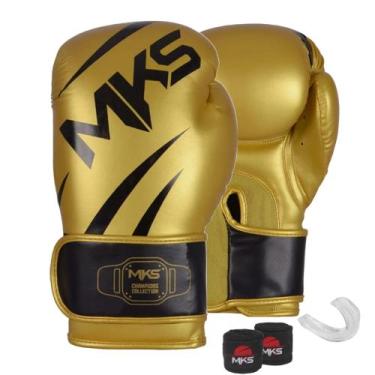 Imagem de Kit Luva Boxe New Champion Dourado/Preto 10oz + Bandagem + Protetor Bu