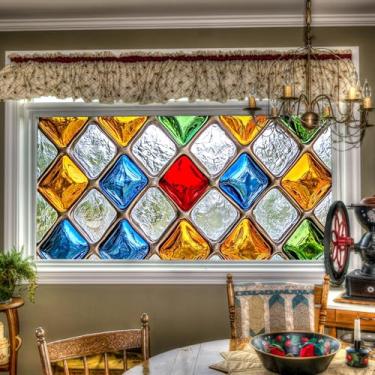 Imagem de HOMETITUTE Películas de privacidade para vitrais 100 x 44 cm Películas decorativas para janela de vidro estática adesivos coloridos de mosaico de diamante para casa, cozinha, banheiro, entrada