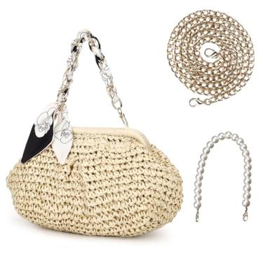 Imagem de tutuebobe Bolsa feminina de palha, bolsa tiracolo de palha de tecido de praia com corrente de pérola, bolsa de vime, Branco, 10.2 x 7.9 x 2.4 inches, Bolsa de palha de praia de verão