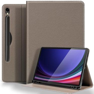 Imagem de XFYKJIN Capa de couro para Samsung Galaxy Tab S9/S9 FE de 11 polegadas com suporte para lápis, capa protetora à prova de choque ajustável inteligente premium flip para tablet, cinza marrom