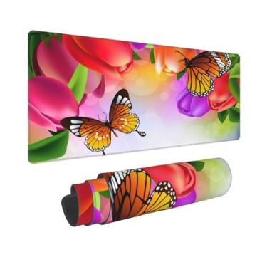 Imagem de Gbuzozie Tapete de rato grande com flores de tulipa e borboleta, com bordas costuradas, base de borracha antiderrapante, tapete de teclado para laptop, tapete de mesa para decoração de escritório