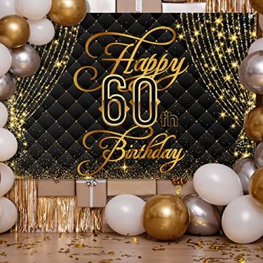 Imagem de Faixa de feliz aniversário de 60 anos, decoração de cortina real, fundo preto dourado, aniversário de 60 anos, para mulheres, homens, fotografia, decoração de festa