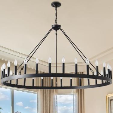 Imagem de JTYP Lustre grande de roda de carroça de fazenda 134.6 cm, 30-luz preta redonda rústica luminária pendente de teto, lustres industriais para tetos altos varanda ao ar livre sala de estar sala de