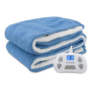 Imagem de PiPiMAMA Cobertor aquecido, tamanho solteiro, elétrico, 213,4 x 157,5 cm, lã polar e sherpa, aquecimento quente, 10 níveis de aquecimento, aquecimento rápido com, desligamento automático de 12 horas