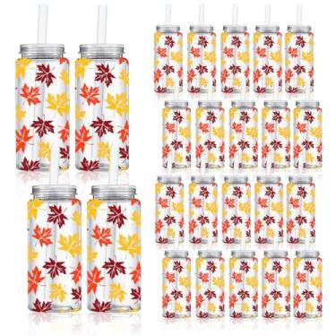 Imagem de Whaline 20 peças de copos de plástico com folhas de outono com tampas e canudos, copos transparentes para festa de outono copos reutilizáveis de folha de bordo para suprimentos de festa de colheita de