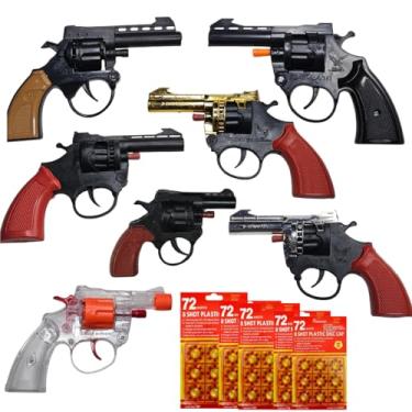 Imagem de Kit Infantil Retrô com 7 Revólveres de Brinquedo Espoleta + 5 Cartelas de 72 Discos Cada