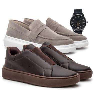 Imagem de 2 Pares Sapato Mocassim e Sapatenis Masculino Social Camurça Couro Cal