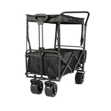 Imagem de 8 polegadas dupla puxar punho grande carrinho campista de rodas, carrinho de armazenamento dobrável com dossel para esportes, camping, jardim e compras