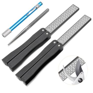 Imagem de Anglekai 3 apontadores de ferramentas de jardim, 2 peças de afiador de ferramentas de jardim de diamante dupla face/1 haste de afiar retrátil para podador de jardinagem (preto)