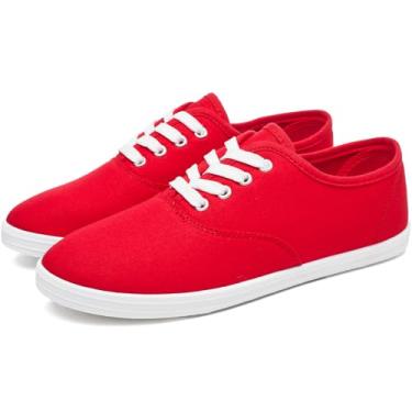 Imagem de yageyan Tênis de lona branco feminino de cano baixo, leve, moderno, com cadarço, casual, Vermelho, 40