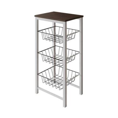 Imagem de Fruteira De Chão Cozinha Montada Aço Branco Cesto Preto Tampo Amêndoa 