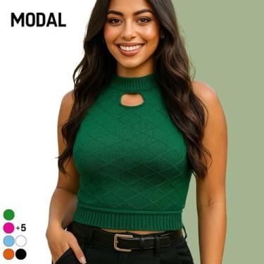 Imagem de Blusa Regata Cropped Feminino Tricot Modal Vazado Sem Manga - Vitrine 