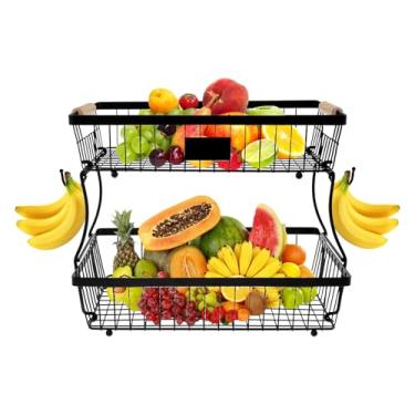 Imagem de QENWKXZ Cesta de frutas de ferro de 2 camadas com cabides de banana, armazenamento de frutas e vegetais na bancada, preta, 35 x 27 x 24 cm