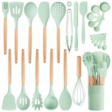 Imagem de Conjunto de 26 utensílios de cozinha de silicone com suporte, conjunto de utensílios de cozinha sem BPA para cozinhar, espátulas de silicone resistente ao calor, cabo de madeira, pinças de colher