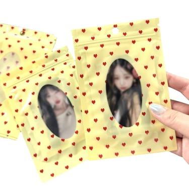 Imagem de 50 peças de sacos resseláveis com zíper, 14,7 x 9,9 cm sacos de PP amarelos com coração vermelho e bolsa de embalagem de janela elíptica, saco de alumínio à prova de cheiro para armazenamento de
