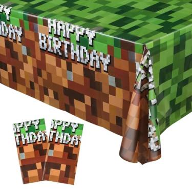 Imagem de JamboRella Conjunto de 2 peças de toalha de mesa para jogos, 137 x 274 cm, capa de mesa de festa verde e marrom para decoração de festa de aniversário com tema de videogame