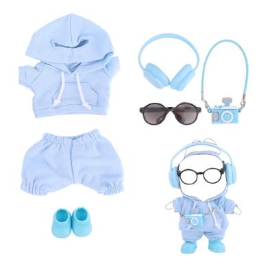 Imagem de Conjunto de Roupas Boneca 17cm, Conjunto de Vestuário Boneca Estilosas e Legais Inclui Moletons Calças Óculos Sol Fone Ouvido Sapatos e Cordão para Câmera(Azul)