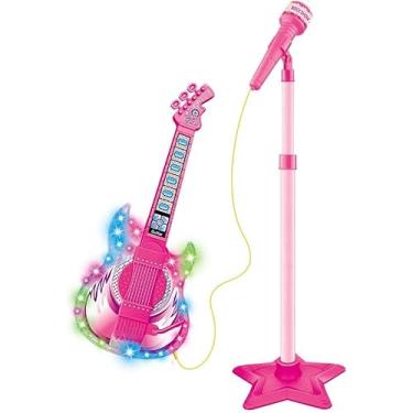 Imagem de Guitarra e Microfone Infantil com Pedestal ATENTU – Brinquedo Musical com Luz e Som, Conexão para Celular e Altura Ajustável | Kit Karaokê Educativo | Cor: Rosa