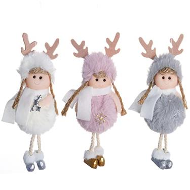 Imagem de Enfeites de anjo de Natal – Decoração de árvore de Natal de boneca fofa – Chapéu e pano peludo feito à mão para decorações de festa de aniversário de meninas – 3 peças de anjo de rena rosa, branco e cinza
