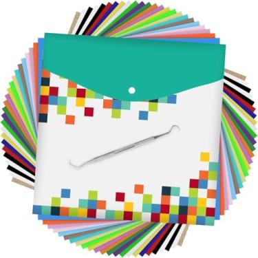 Imagem de HTVRONT Pacote de vinil de transferência de calor: pacote com 24 folhas de vinil de 30,5 x 30,5 cm para camiseta, 21 cores sortidas de vinil HTV com 1 folha de PTFE e ganchos de remoção de ervas