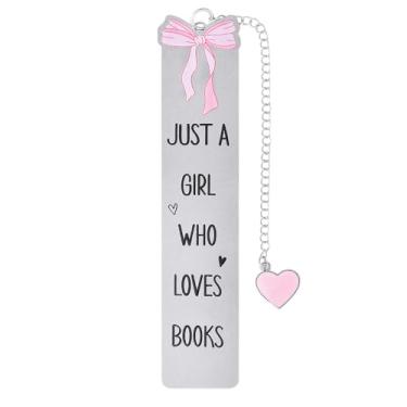 Imagem de Marcador de página de aço inoxidável com laço rosa - impresso com lindos padrões de laço e equipado com pingentes de coração, ideal para leitoras, presente de aniversário perfeito para namoradas