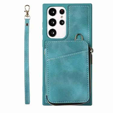 Imagem de MUENG Capa para Samsung Galaxy S23/S23 Plus/S23 Ultra, capa traseira de carteira de couro genuíno com suporte para cartão e alça, capa protetora de silicone antiimpressão digital