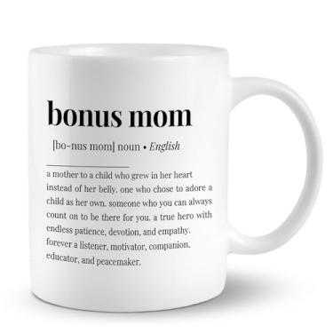 Imagem de PUHEI Caneca de café com definição de mãe bônus, presentes para mãe, presentes de aniversário para madrasta da enteada, caneca de café de Natal para dia das mães, xícara de chá de 325 ml, impressão