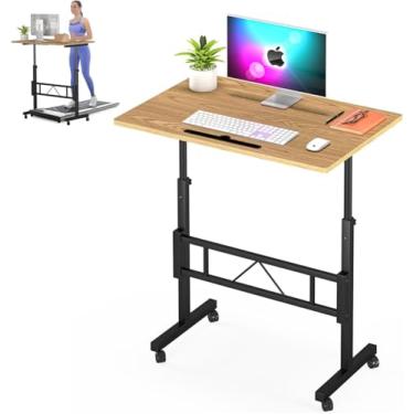 Imagem de Klvied Mesa pequena de pé ajustável para sentar e ficar em pé, mesa portátil para laptop para caminhada, carvalho