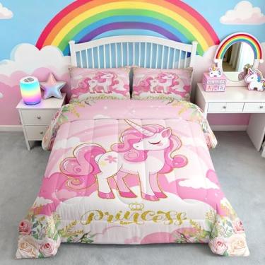 Imagem de Manfei Conjunto de edredom adorável de unicórnio, tamanho casal, para crianças, meninas, princesas, animais, aquarela, flores desabrochando, conjunto de edredom com 3 peças, céu de fadas sonhadoras