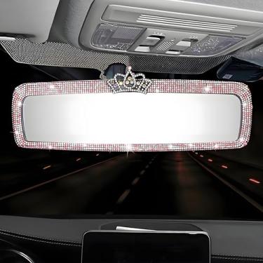 Imagem de Coroa brilhante cristal 10,7 polegadas HD vidro grande angular carro retrovisor clipe diamante brilhante acessórios decorativos interiores panorâmicos decoração de carro (rosa + branco)
