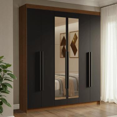 Imagem de Guarda-Roupa Casal 6 Portas Batentes com Espelho Rustic/Preto/Preto Venus Madesa