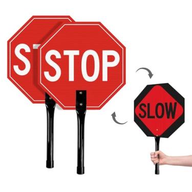 Imagem de Danoib Placa Stop Slow com alça de metal, placa de trânsito refletiva de alumínio de 30,5 x 30,5 cm, placa dupla face lenta/parada para trabalho na estrada, zonas escolares e controle de