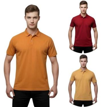 Imagem de Kit 3 Camisas Masculina Gola Polo Piquet - Genérico, Laranja, Verm esc