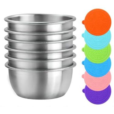 Imagem de GorinsKani Copo de molho com tampa de 6 peças mini copo de sobremesa prato de molho de metal tigela de molho de sushi recipiente de molho vinagre vegetais especiarias domésticas (prata 50 ml)