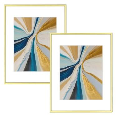 Imagem de Fkvat Conjunto de 2 porta-retratos de 28 x 35,5 cm, moldura dourada de alumínio fino escovado com vidro HD, serve para 20 x 25 cm com tapete ou 28 x 35 sem tapete, para parede, pacote com 2